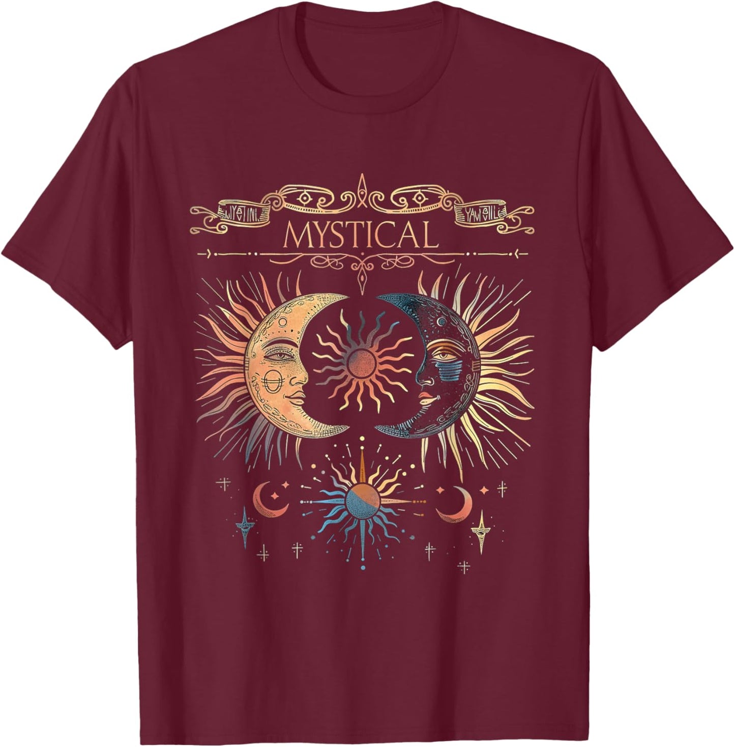 Mystical Sun and Moon Woman Mystic Flowers Aesthetic T-Shirt - T-Shirt | Maroon