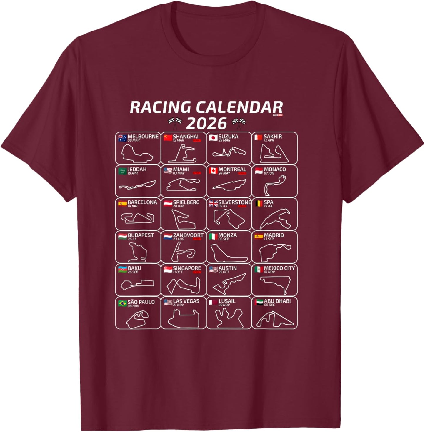 Racing Calendar 2026 All 24 Races and Tracks of the Season T-Shirt - T-Shirt | Maroon