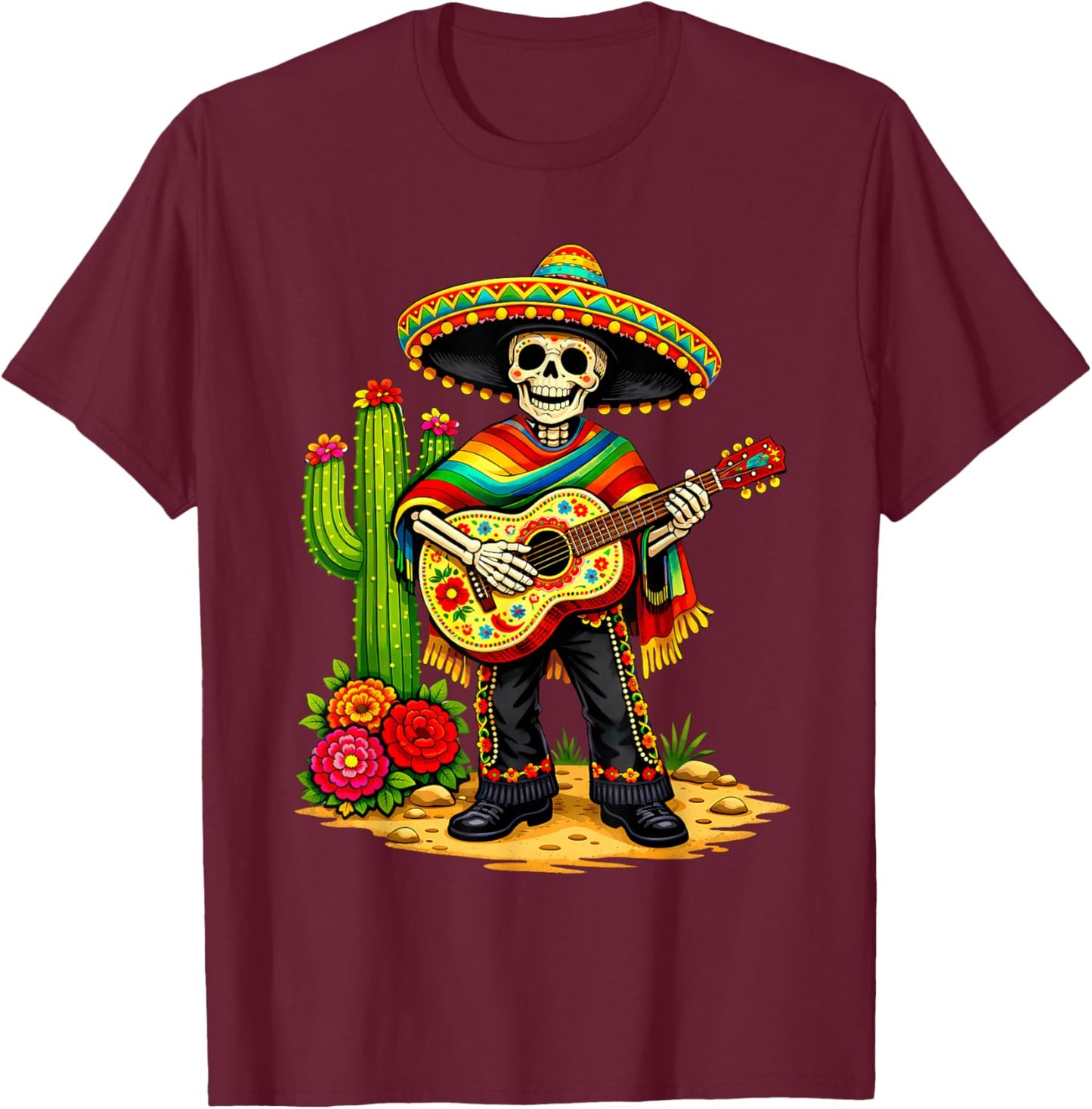 Skeleton Guitar Mexican Fiesta Sombreros 5 Cinco De Mayo Men T-Shirt - T-Shirt | Maroon