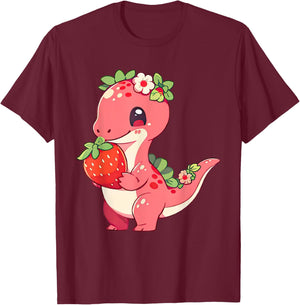 Cute Strawberry Summer Fruit Lover Dinosaur Eat Strawberry T-Shirt - T-Shirt | Maroon