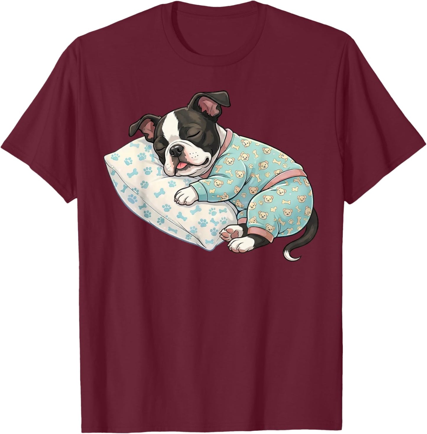 Cute Boston Terrier Dog Sleeping in Pajamas Bedtime Art T-Shirt - T-Shirt | Maroon