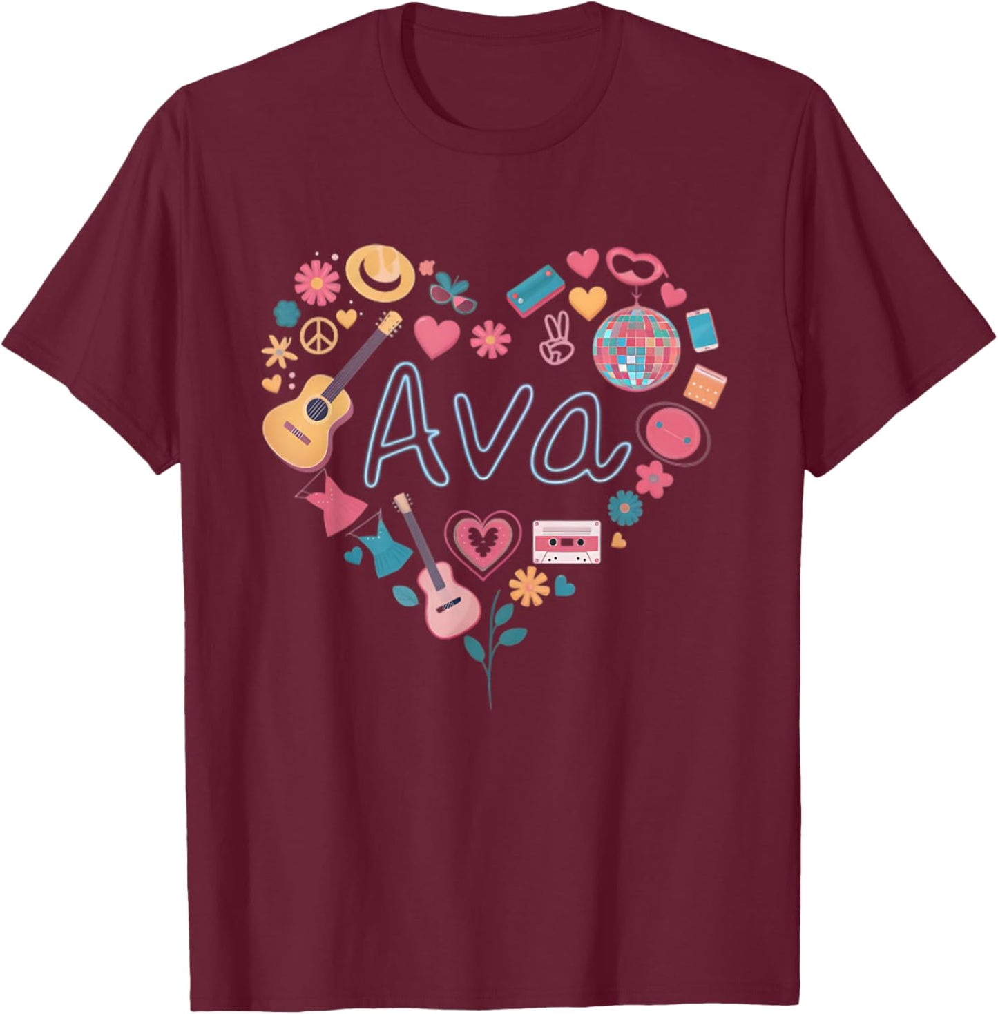Girl Retro Ava First Name Personalized Heart T-Shirt - T-Shirt | Maroon