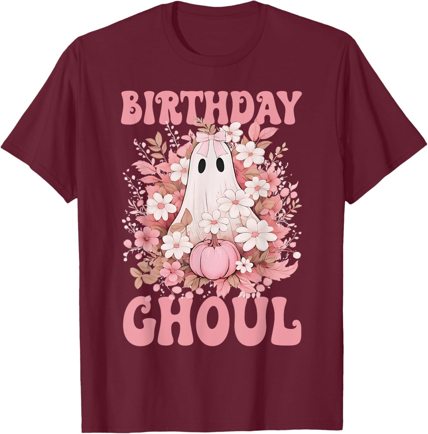 Birthday Ghoul Floral Ghost Bow Halloween Birthday Girls T-Shirt - T-Shirt | Maroon