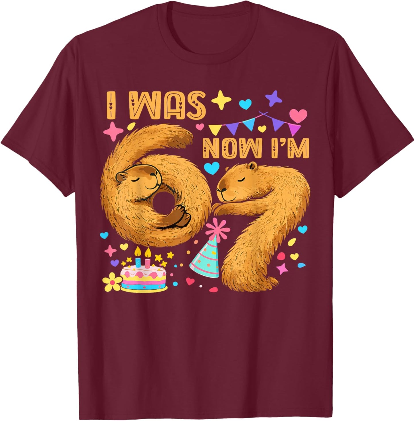 I was 6 Now I’m 7 Capy Birthday Funny Capybara 7th Birthday T-Shirt - T-Shirt | Maroon