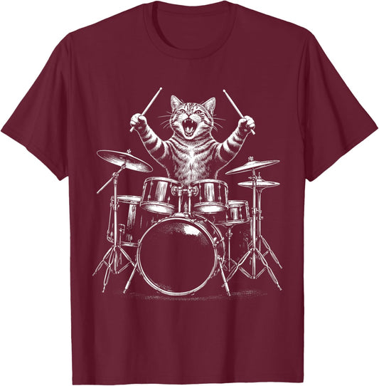 Drummer Rock Cat Playing Drums Heavy Metal Drummer Cats Music T-Shirt - T-Shirt | Maroon