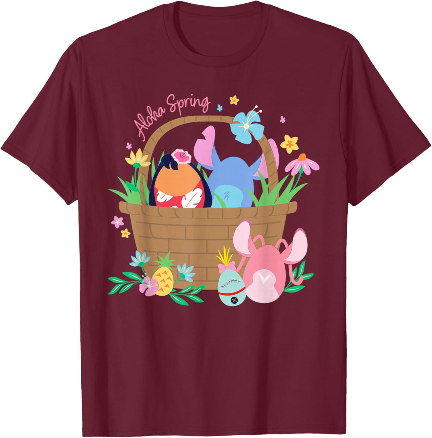 Disney Lilo & Stitch + Angel Aloha Spring Easter Eggs Basket T-Shirt - T-Shirt | Maroon