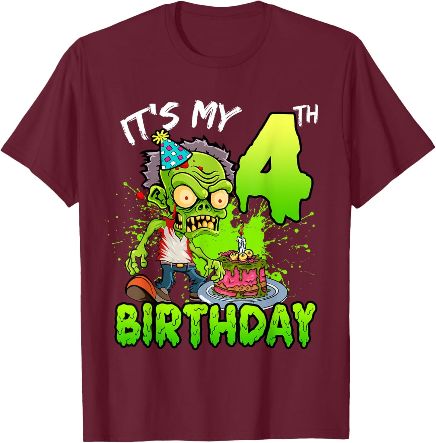 It's My 4th Birthday Zombie Lover 4 Year Old Boys Girls T-Shirt - T-Shirt | Maroon