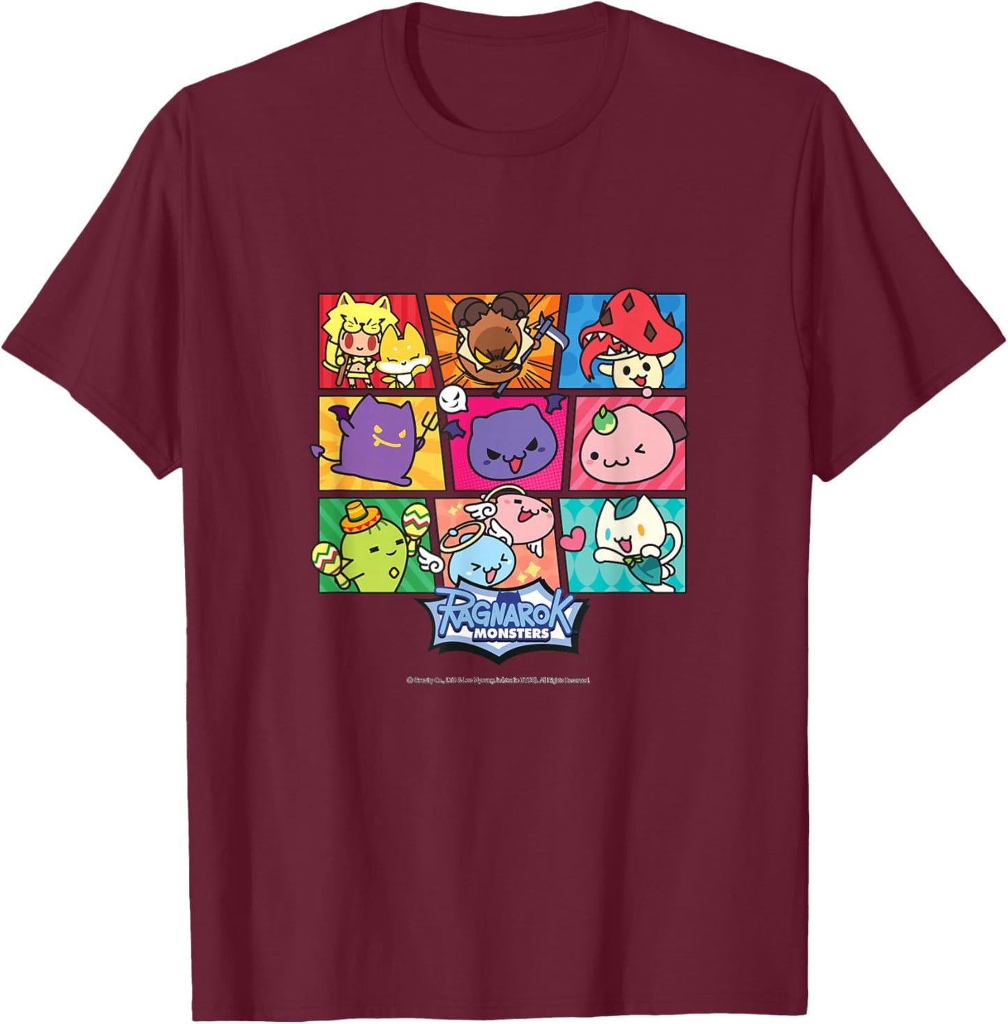 [Limited] Cute Cartoon Grid Character - Ragnarok T-Shirt - T-Shirt | Maroon