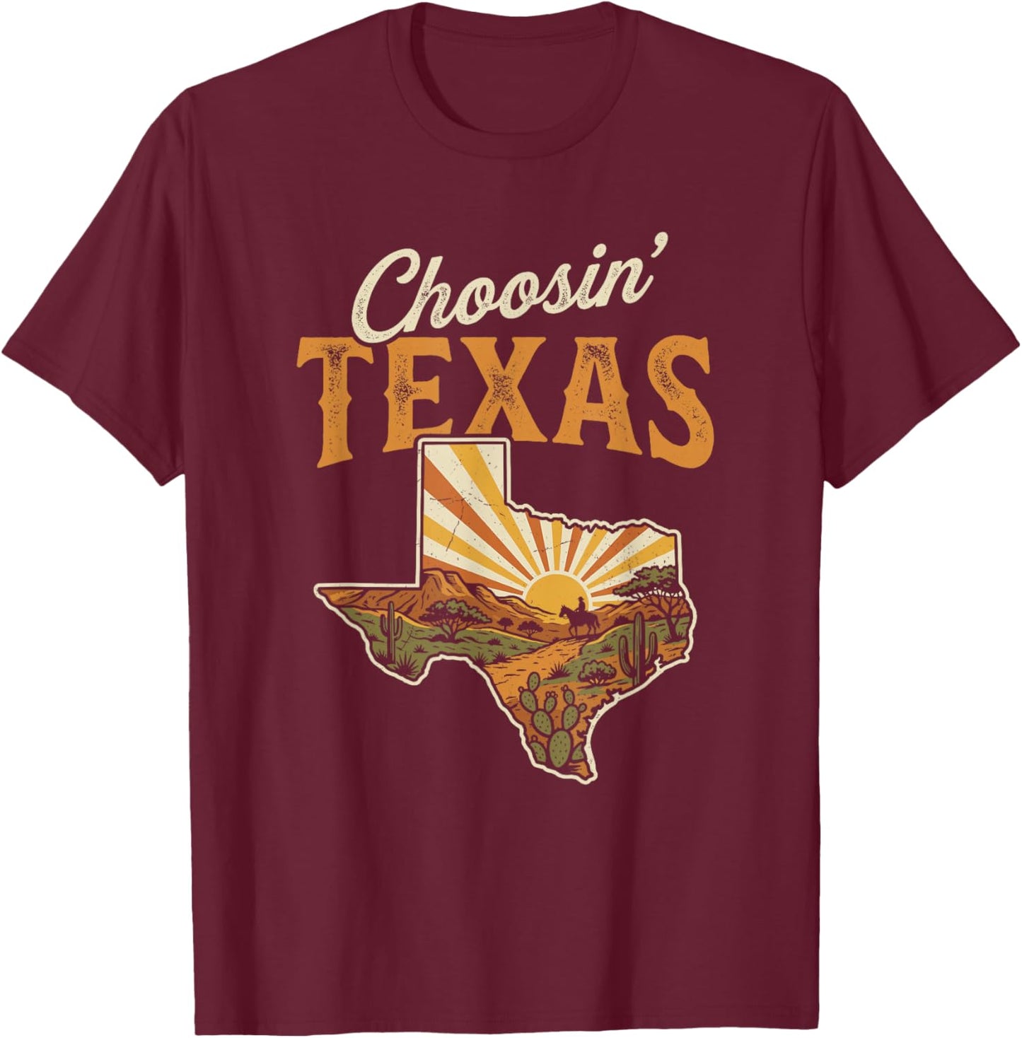 Choosin' Texas Vintage Western State Map Design T-Shirt - T-Shirt | Maroon