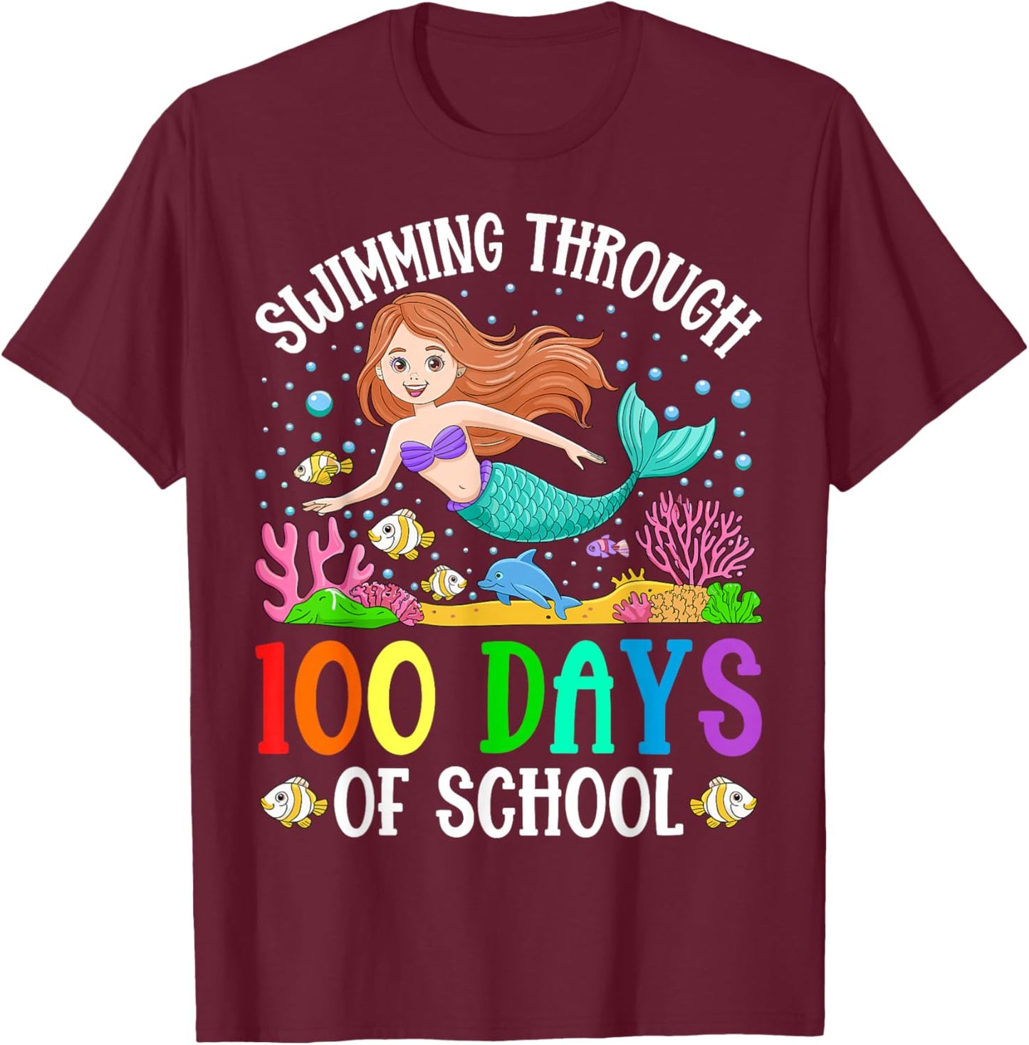 Swimming Through 100 Days Of School Mermaid Kids Teacher T-Shirt - T-Shirt | Maroon