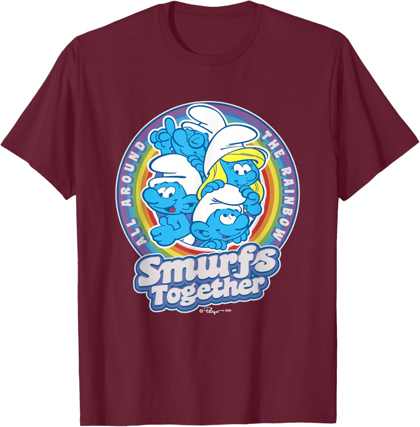 The Smurfs All Around The Rainbow Smurfs Together T-Shirt - T-Shirt | Maroon