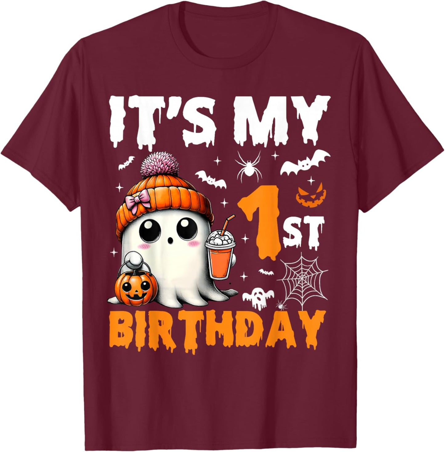 It's My 1st Birthday 1 Years Old Ghost Pumpkin Halloween T-Shirt - T-Shirt | Maroon