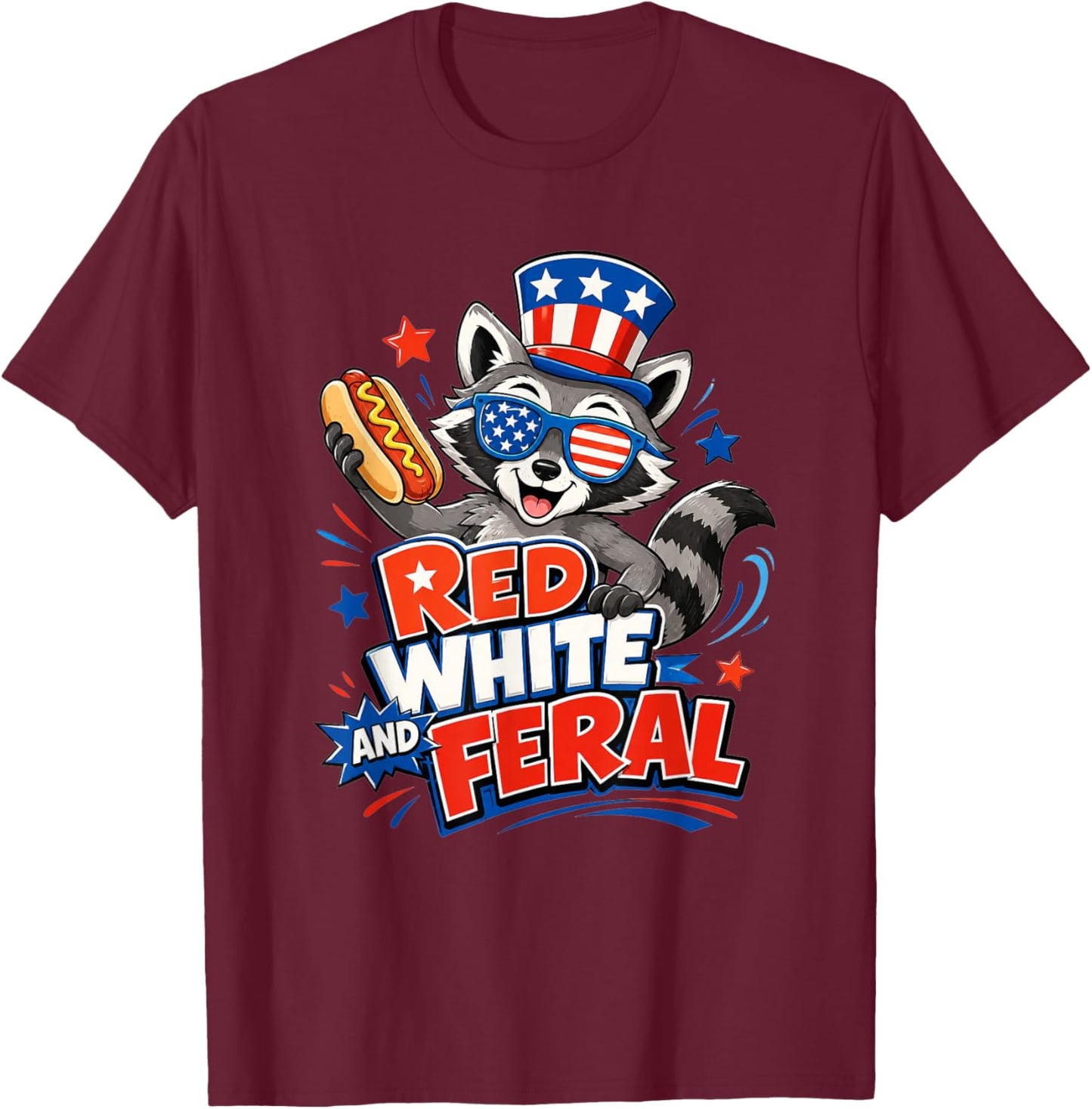 USA Kids Red Funny White and Feral Racoon Feral 4th of July T-Shirt - T-Shirt | Maroon