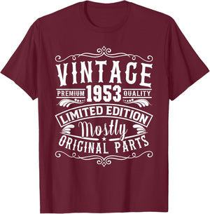 Born in 1953 Birthday, Vintage Mostly Original Parts Funny T-Shirt - T-Shirt | Maroon