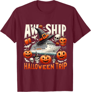Aw Ship Halloween Trip Happy Halloween Spooky Pumpkin Cruise T-Shirt - T-Shirt | Maroon