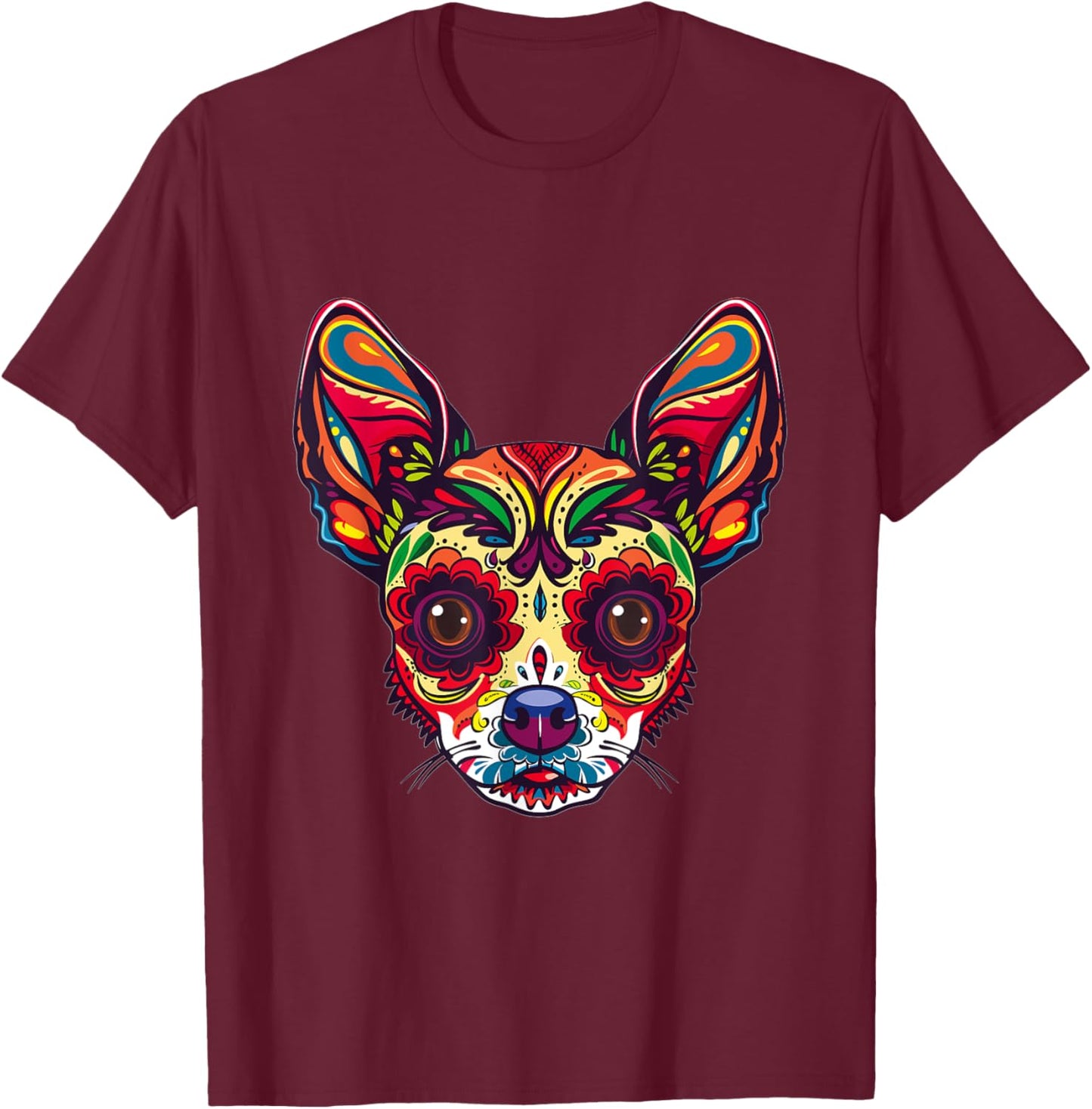Chihuahua Sugar Skull Dia De Los Muertos Graphic T-Shirt - T-Shirt | Maroon