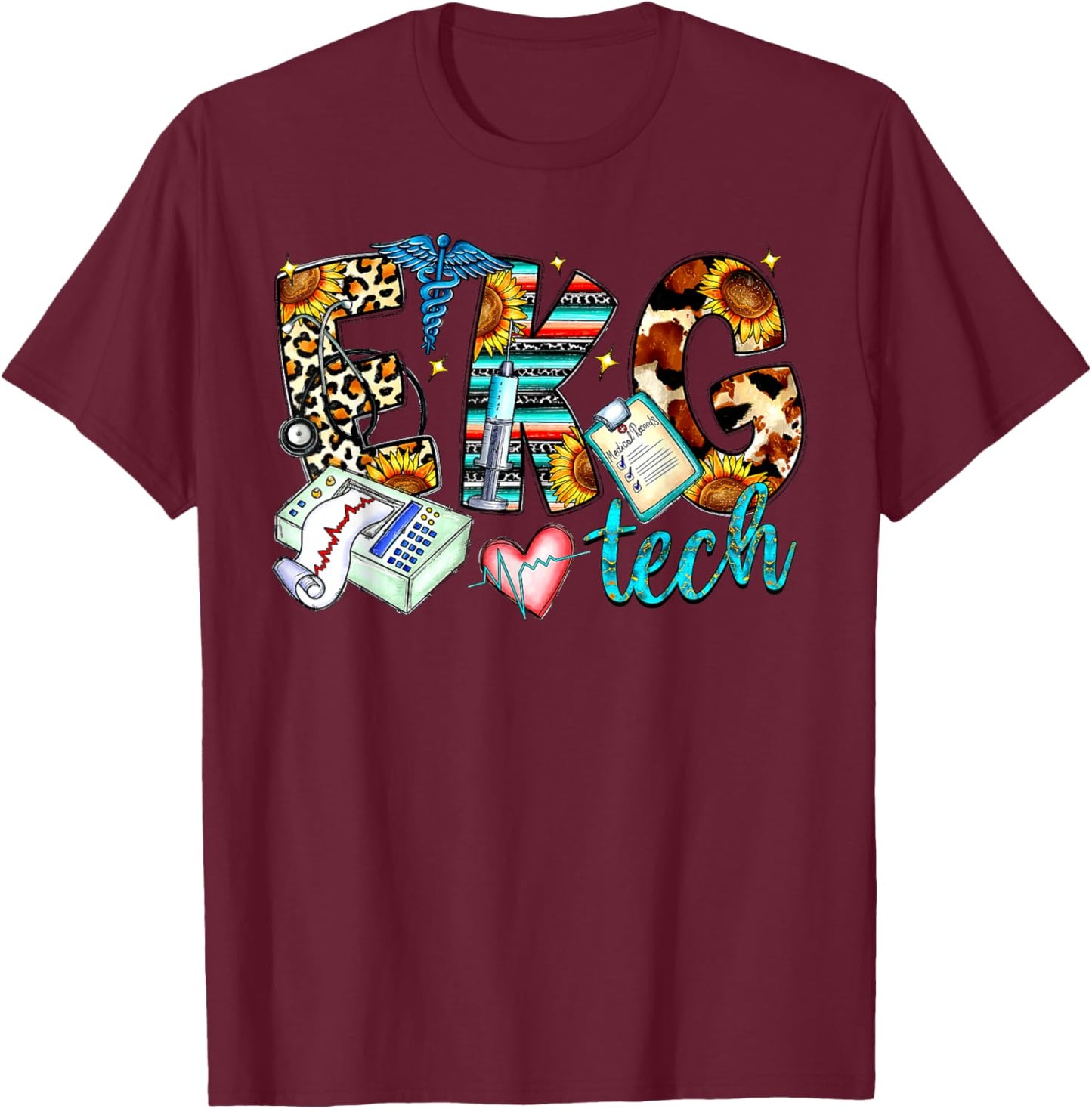 Retro Leopard EKG Tech Apparel Electrocardiogram Specialist T-Shirt - T-Shirt | Maroon
