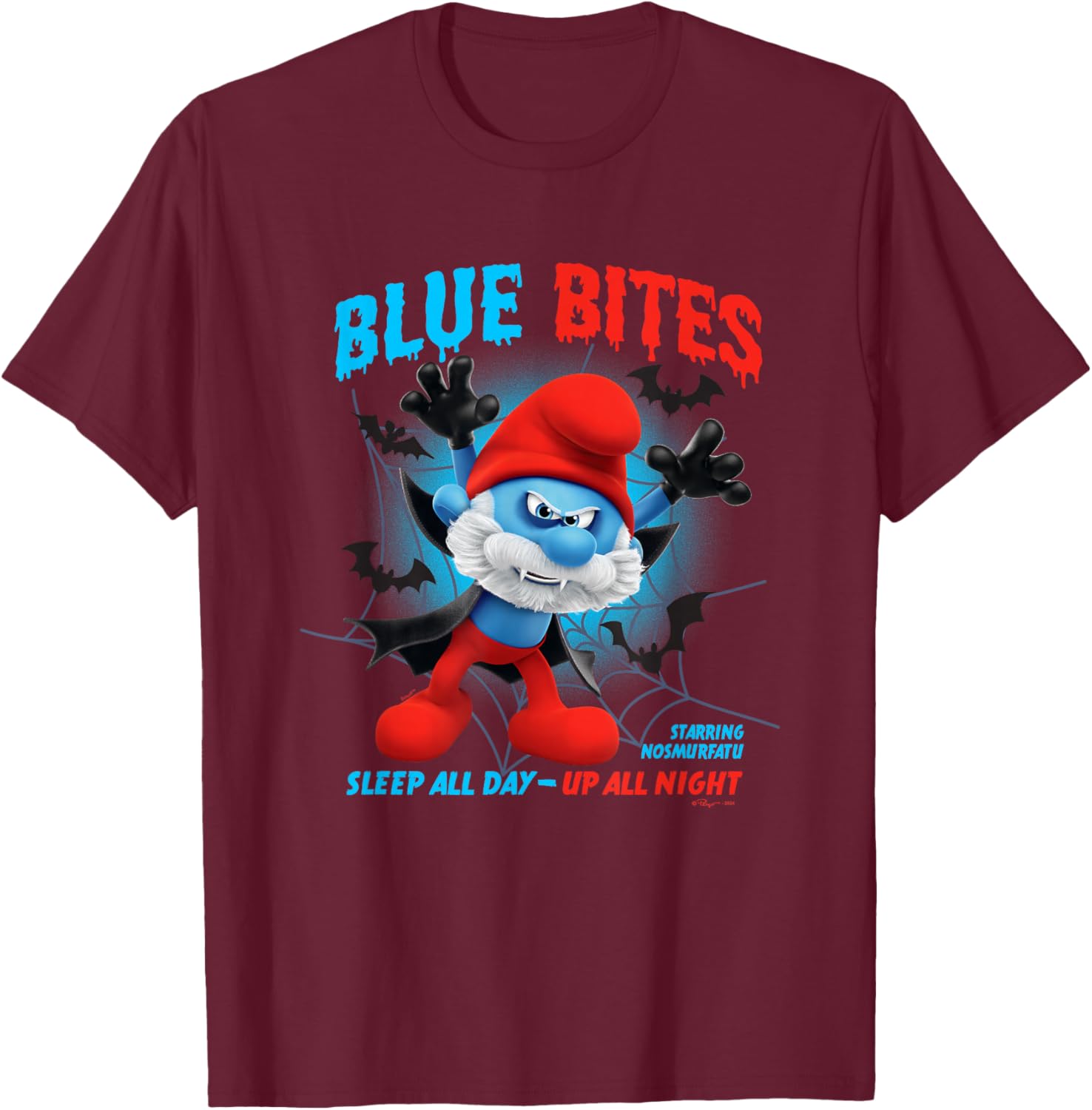 The Smurfs Halloween Papa Smurf Blue Bites Big Chest Logo T-Shirt - T-Shirt | Maroon
