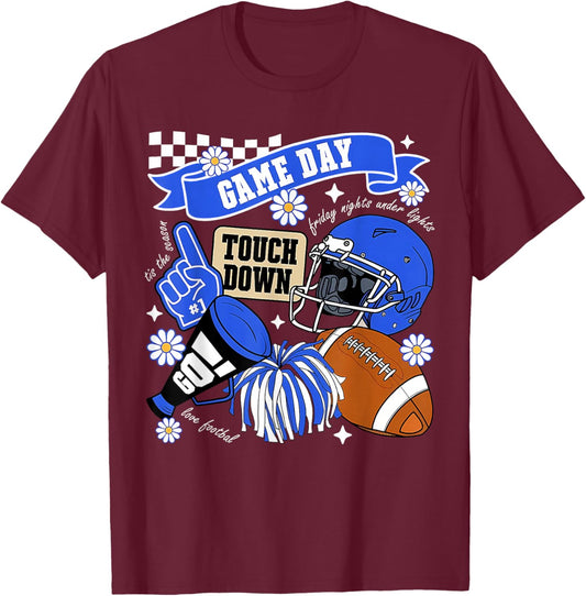 Blue Game Day Touchdown Football Lover Women Mom Men Kids T-Shirt - T-Shirt | Maroon