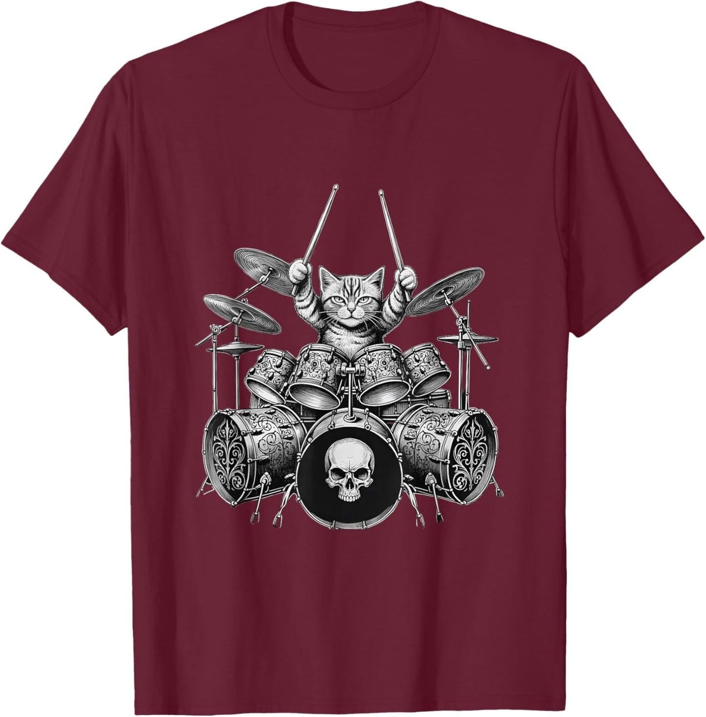 Cat Drummer Drum Kit Skull Rock Music Lover Women T-Shirt - T-Shirt | Maroon
