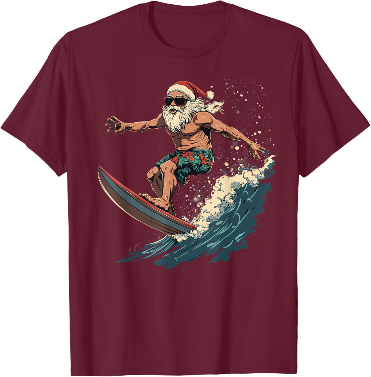 Fun Surfing Santa Hawaii Christmas Waves Surf lover T-Shirt - T-Shirt | Maroon