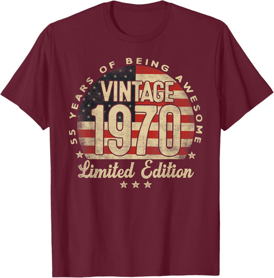 Vintage 1970 Limited Edition 55-Year-Old Gifts USA Flag T-Shirt - T-Shirt | Maroon