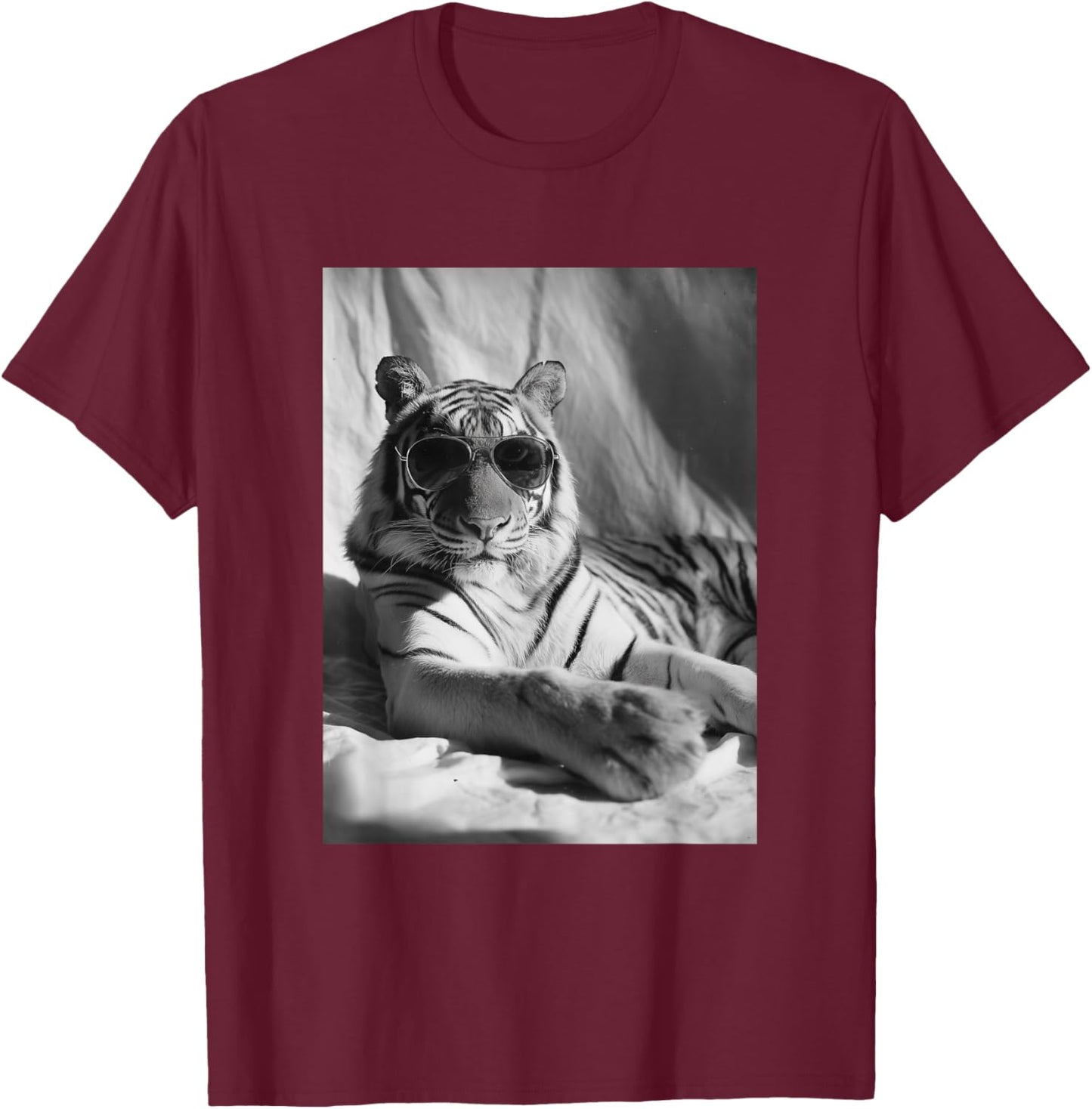 Elegant Tiger with Sunglasses Feline Animal Photography T-Shirt - T-Shirt | Maroon