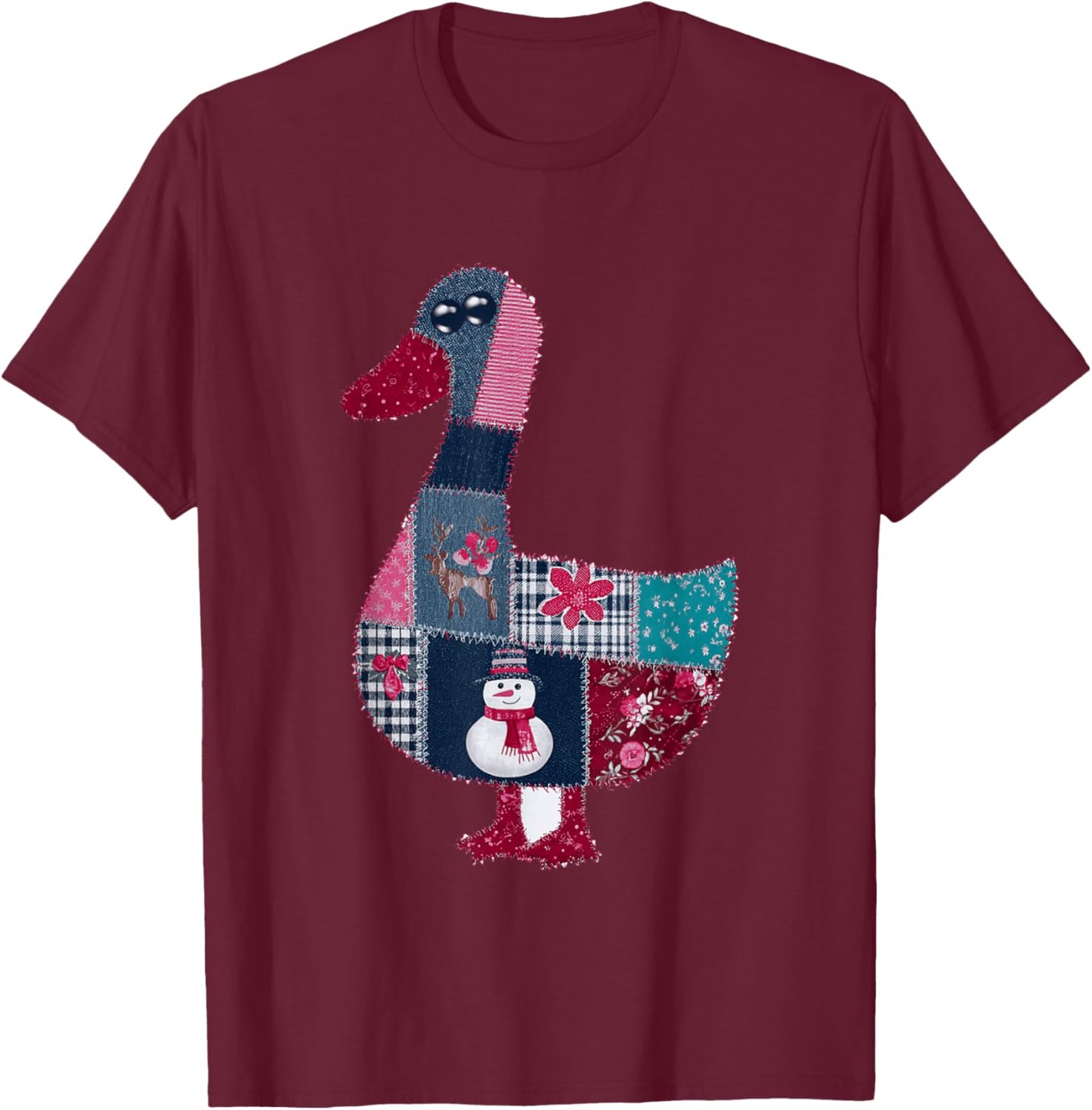 Snowman Patchwork Duck for Festive Cheer T-Shirt - T-Shirt | Maroon