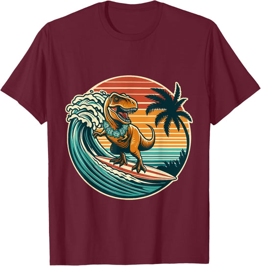 Surfing Trex Hawaiian Dinosaur Surfboard Retro Surf Lovers T-Shirt - T-Shirt | Maroon