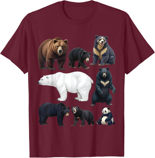 Types of Bears Wildlife Animal Lovers Nature Explorer T-Shirt - T-Shirt | Maroon