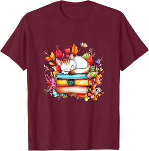 The Cozy Cat Reader’s Realm T-Shirt - T-Shirt | Maroon