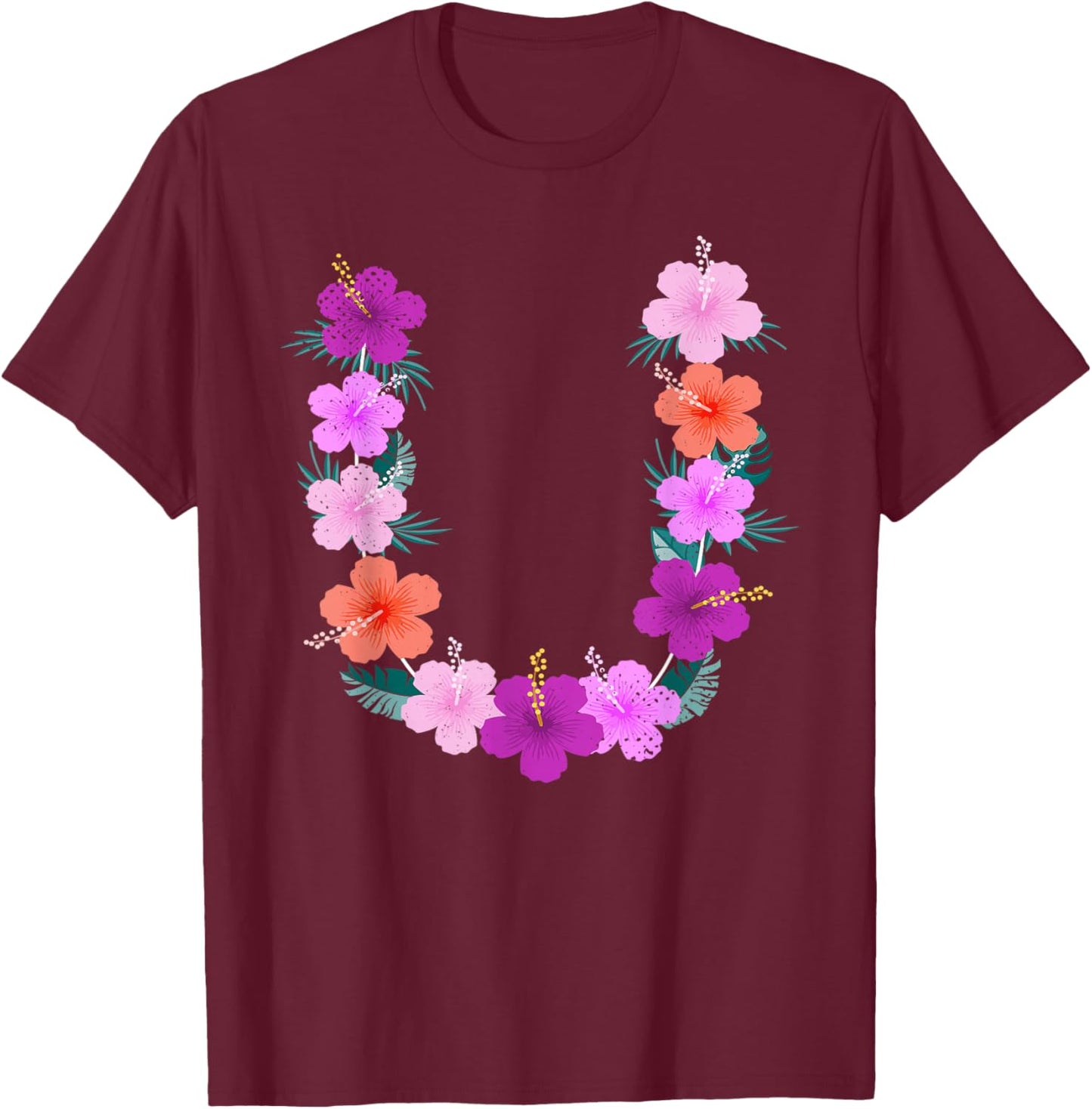 Men Women Colorful Flower Chain Summer Vacation Hawaii Lei T-Shirt - T-Shirt | Maroon