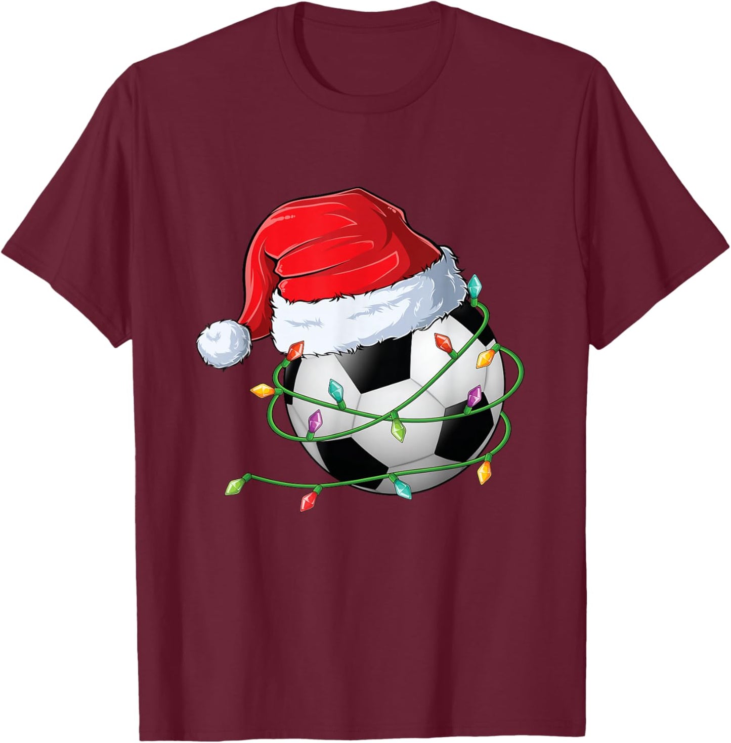 Christmas Soccer Santa Hat wrapped in Holiday Lights T-Shirt - T-Shirt | Maroon