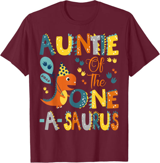 Dinosaur T-Rex 1St Birthday Matching Family Auntie Of The One-A-Saurus 1St Birthday Dinosaur Party -Kids Black Small Classic Fit Modern U-Neck Short Sleeve T-Shirt - T-Shirt | Maroon