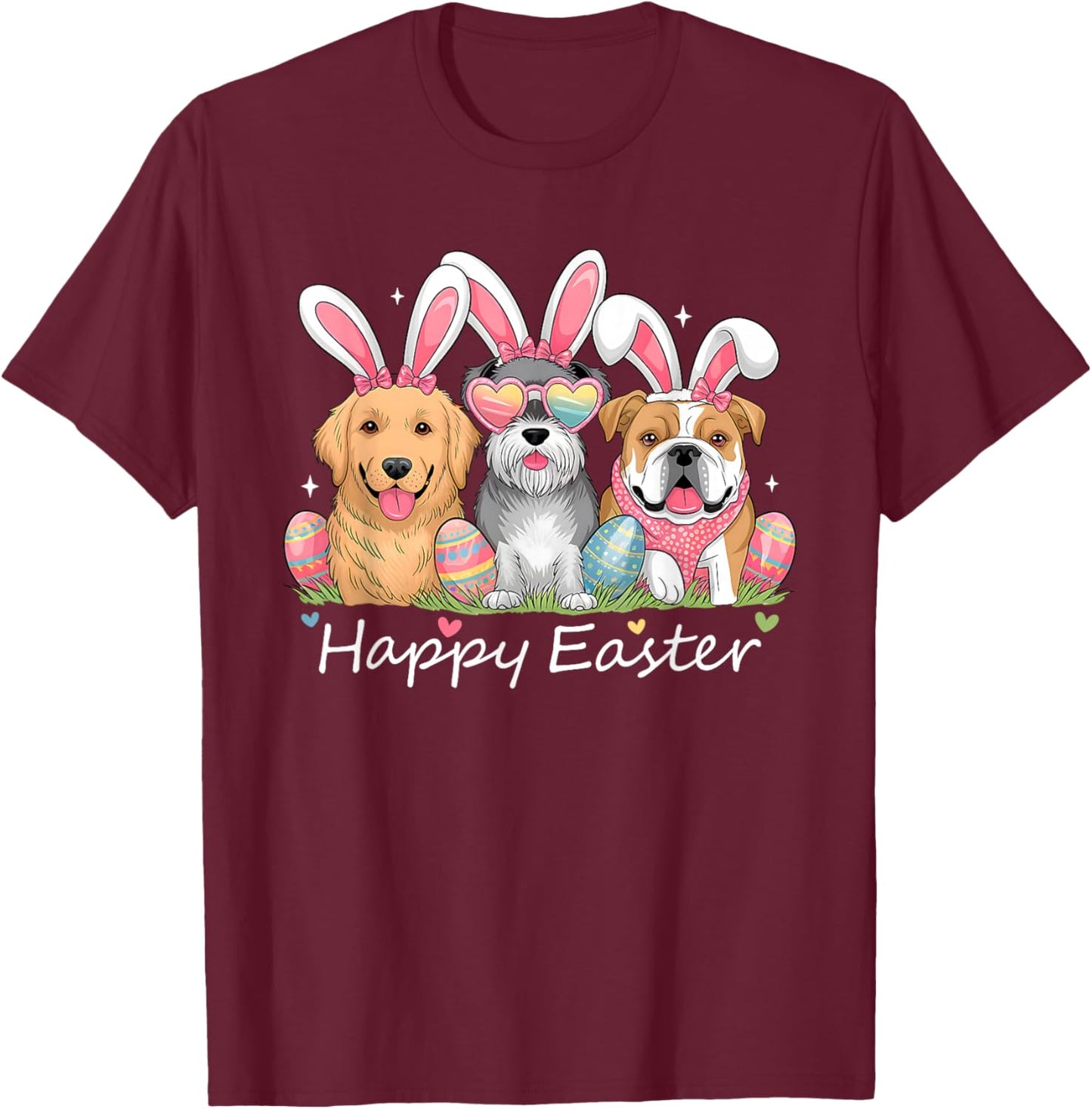 Cute Funny Easter Outfit Women Girls Kids Happy Easter Dogs T-Shirt - T-Shirt | Maroon