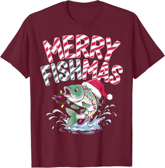 Merry Fishmas Santa Fishing Lovers Funny Fisherman Christmas T-Shirt - T-Shirt | Maroon