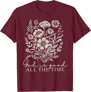 God Is Good All The Time Vintage Boho Floral Christian Jesus T-Shirt - T-Shirt | Maroon
