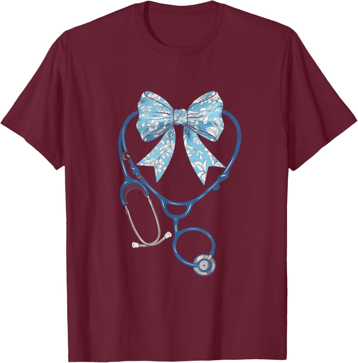 Toile Nurse Bow Blue Coquette Nurse Stethoscope Bow T-Shirt - T-Shirt | Maroon