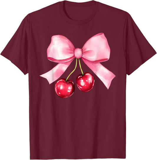 Pink Coquette Bow Cherry Birthday Cute Women Kids Girls T-Shirt - T-Shirt | Maroon