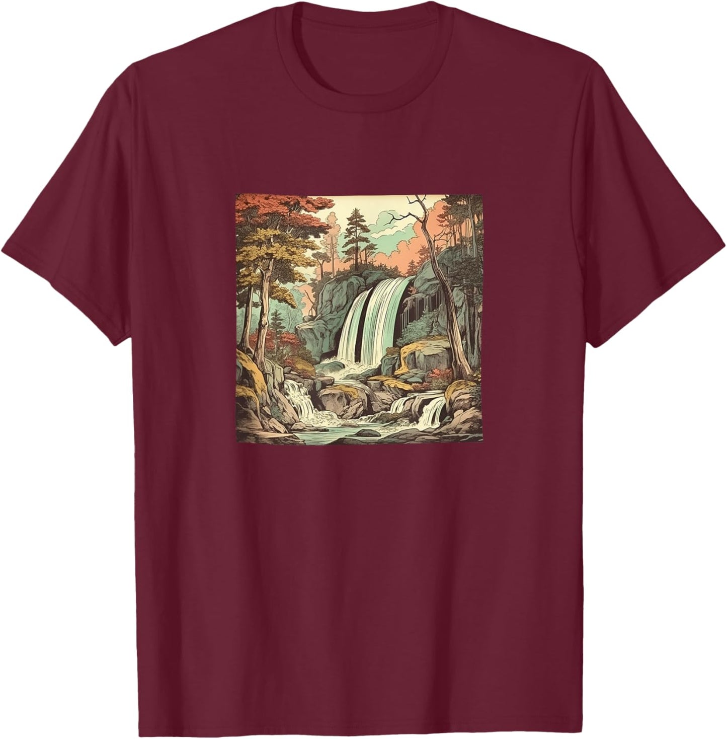 Waterfall In A Forest Vintage Landscape Graphic T-Shirt - T-Shirt | Maroon