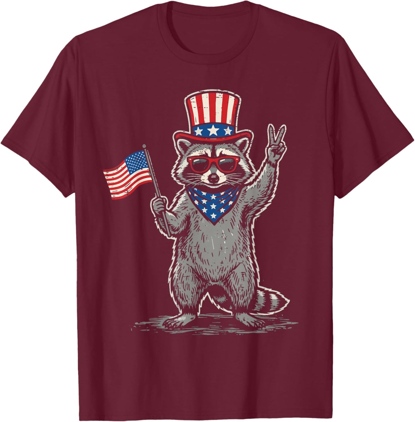 4th of July Raccoon Peace US Flag Patriotic Men Women Kids T-Shirt - T-Shirt | Maroon