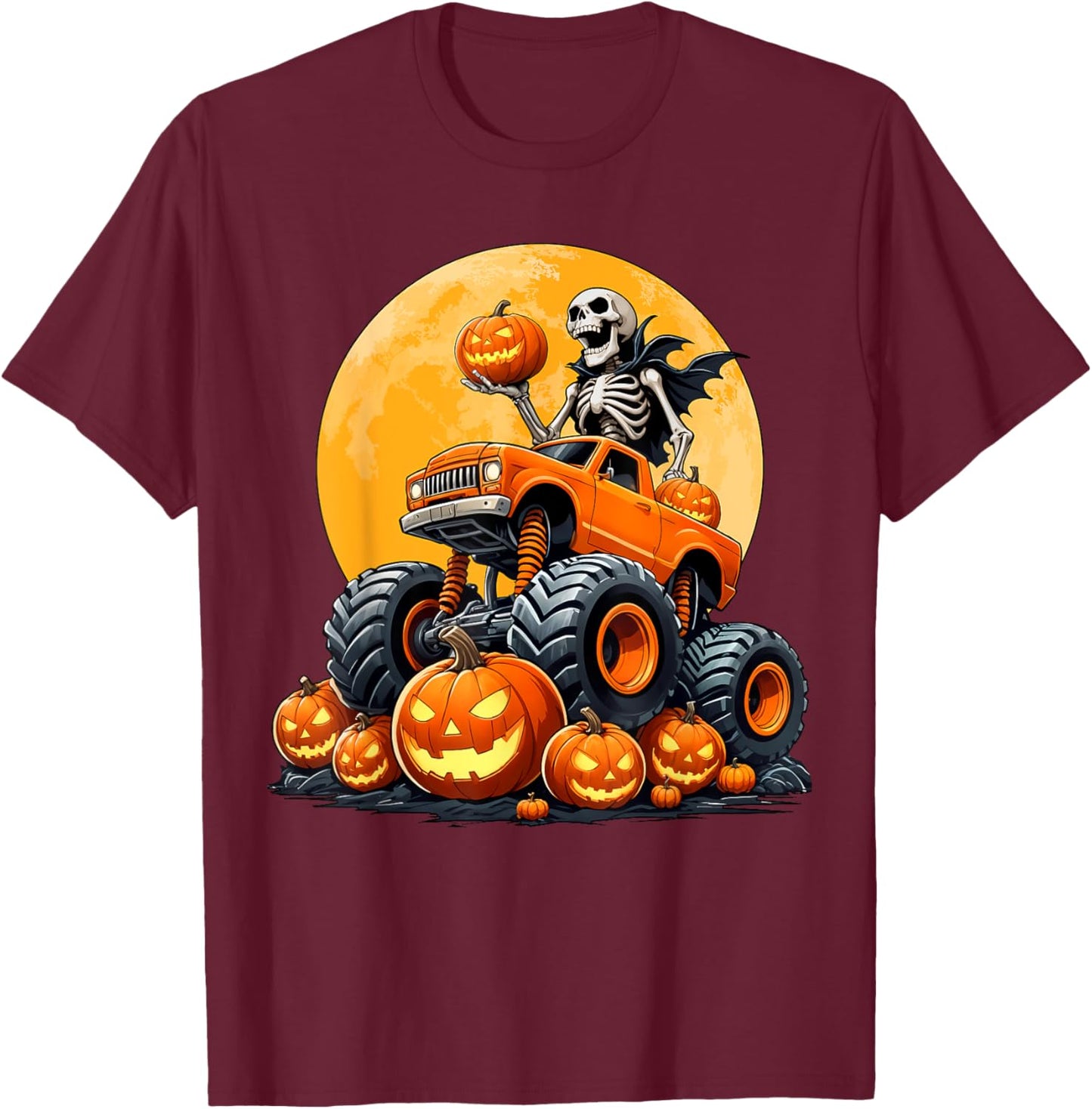 Skeleton Riding Monster Truck Halloween Pumpkin Kids Toddler T-Shirt - T-Shirt | Maroon