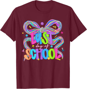 Happy Last Day of School Coquette Bow Student Teacher Funny T-Shirt - T-Shirt | Maroon