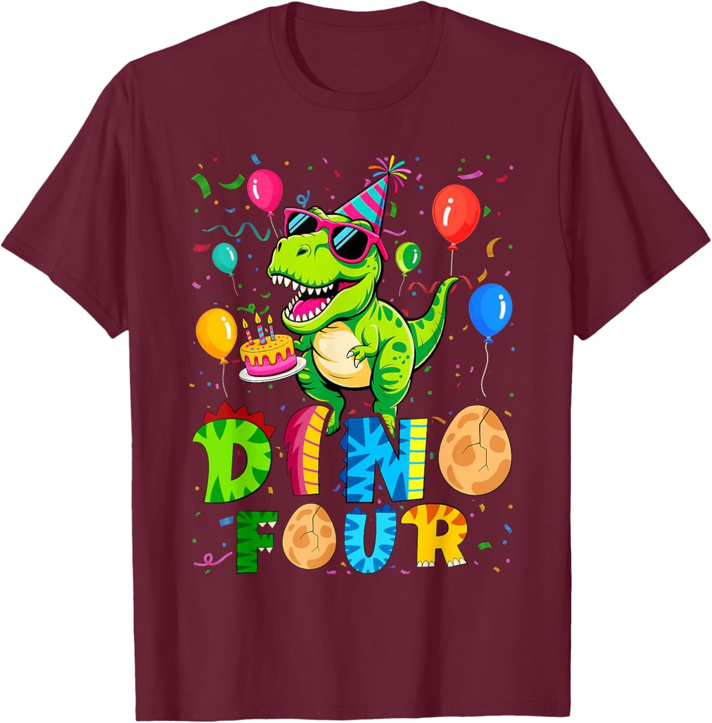 Dino Four Dinosaur 4th Birthday Matching Family T-Shirt - T-Shirt | Maroon