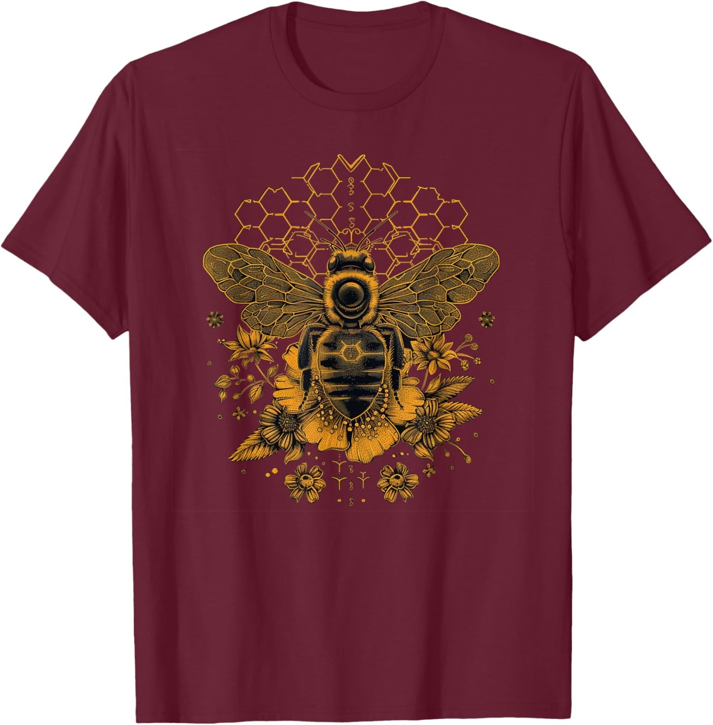 Honeybee Harmony: Floral Sacred Geometry Honeycomb and Bee T-Shirt - T-Shirt | Maroon