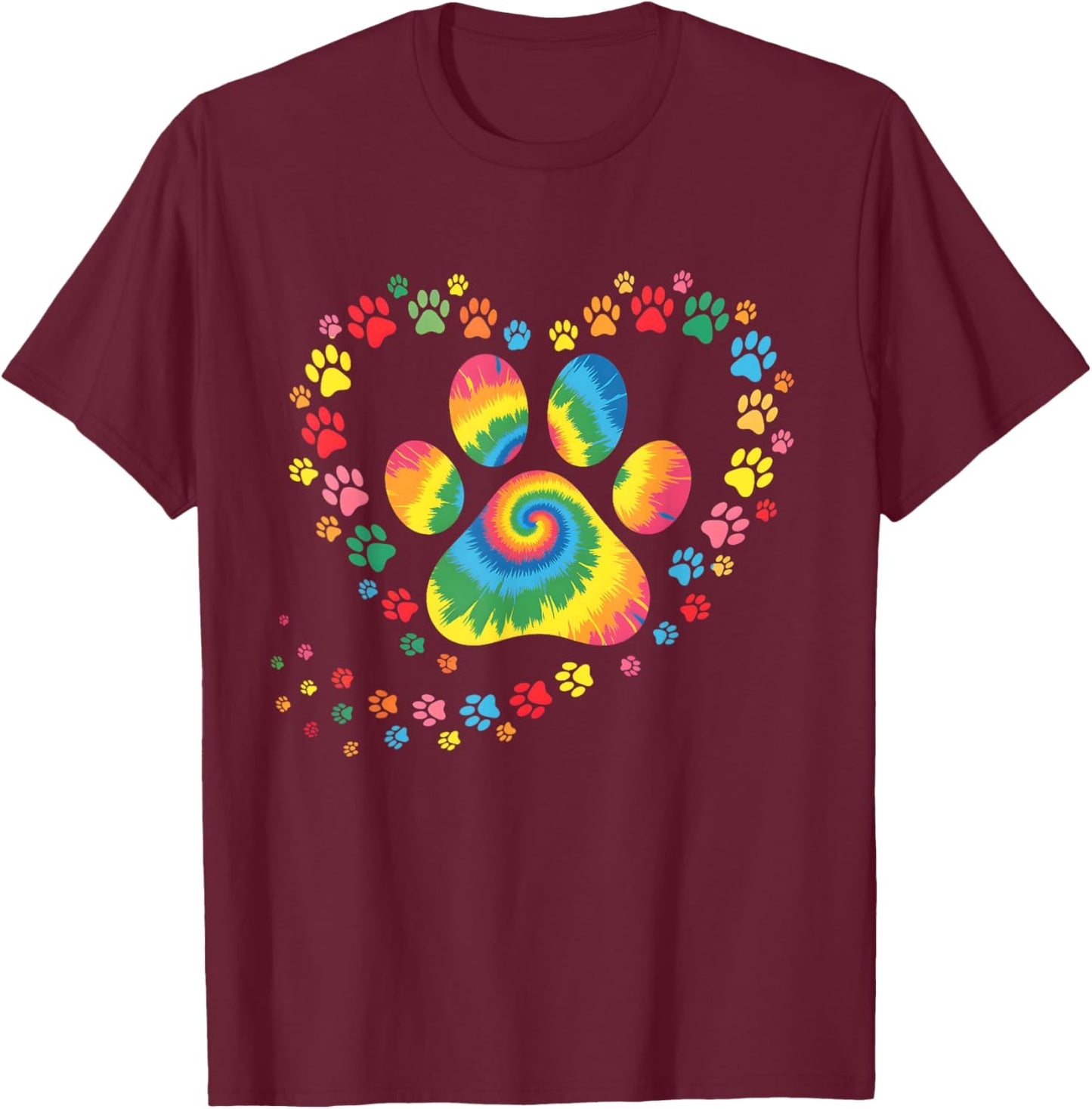 Tie Dye Dog Paw Heart Animal Lover Puppy Pet Mom Women Girls T-Shirt - T-Shirt | Maroon