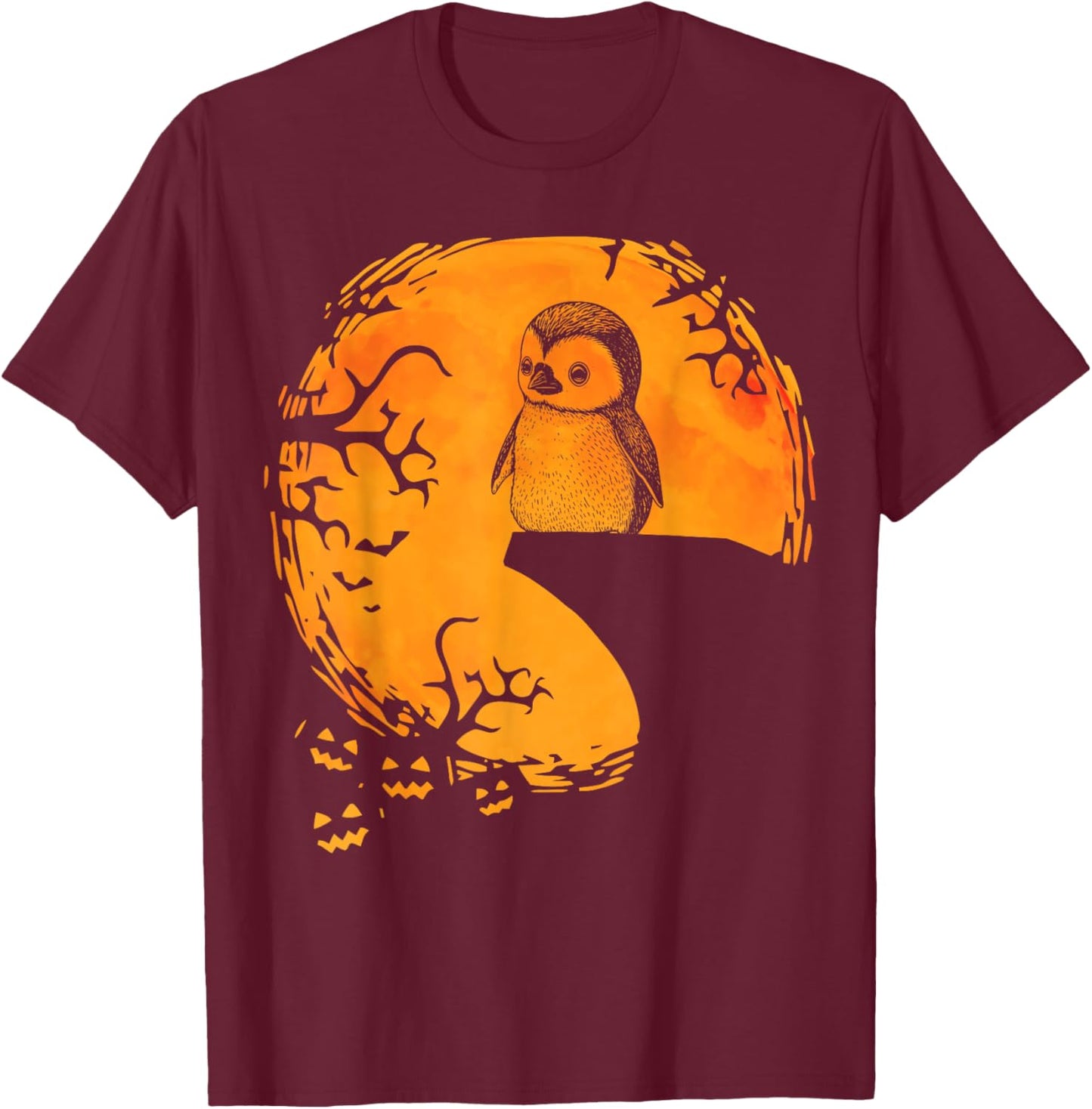 Funny Penguin Halloween Moon Silhouette Spooky Penguin Lover T-Shirt - T-Shirt | Maroon