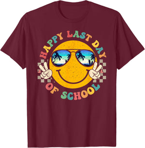Happy Last Day of School Smile Face Retro Teacher Summer T-Shirt - T-Shirt | Maroon