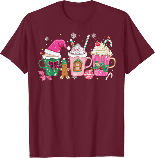 Coffee Christmas Gingerbread Pink Women Latte Cozy Winter T-Shirt - T-Shirt | Maroon