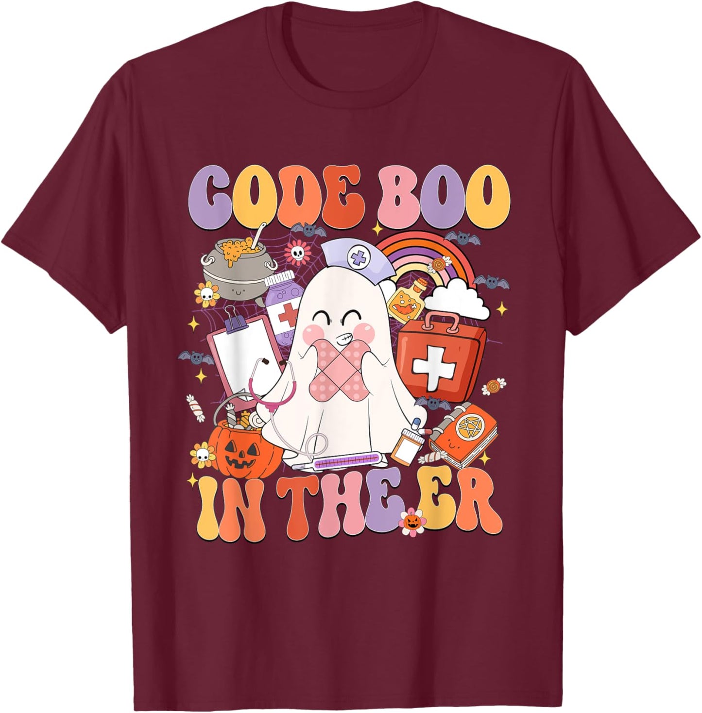 Code Boo In The ER Emergency Room Nurse Boo Halloween T-Shirt - T-Shirt | Maroon